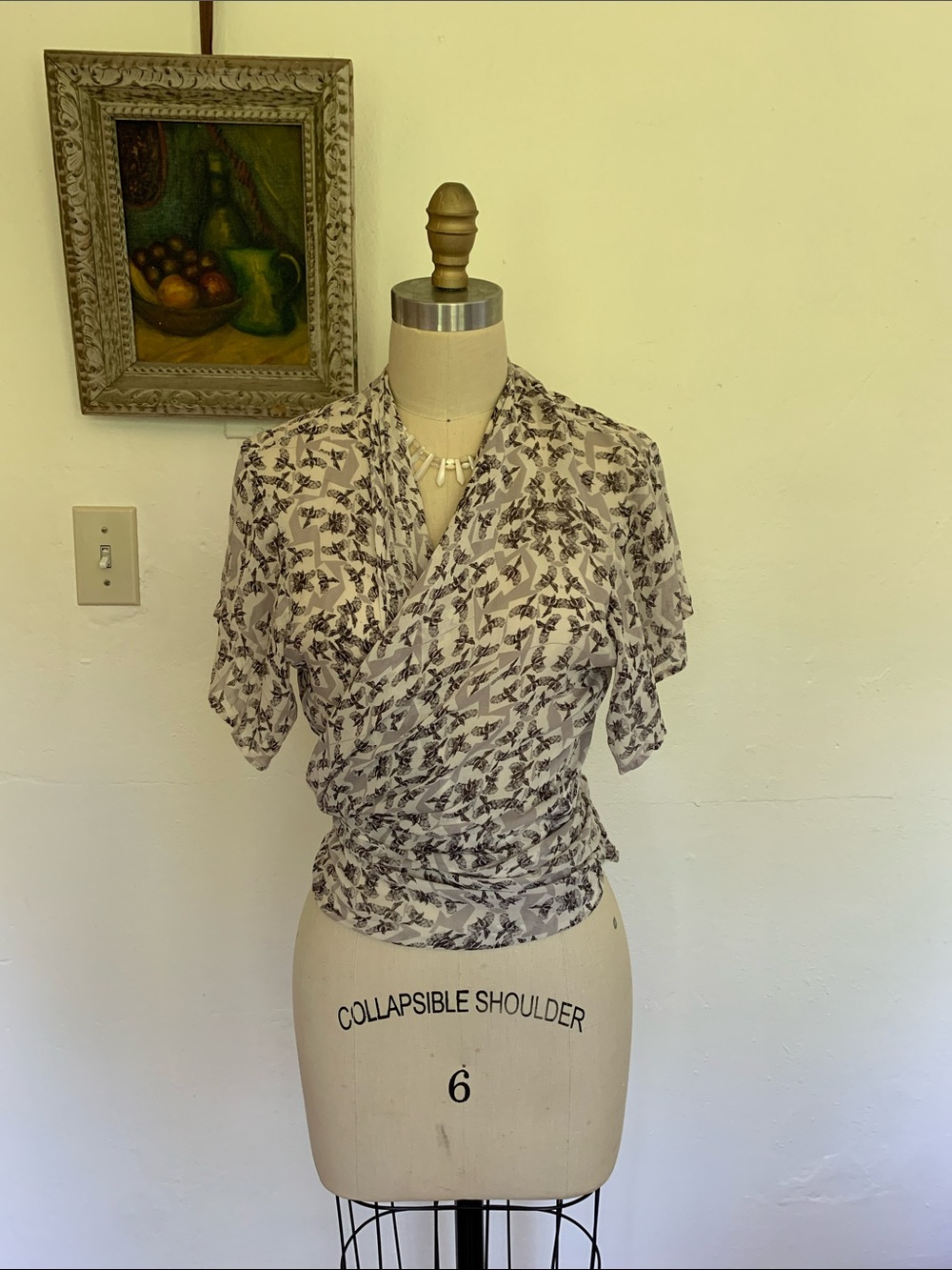 hinge Cream and Black Floral Wrap Blouse